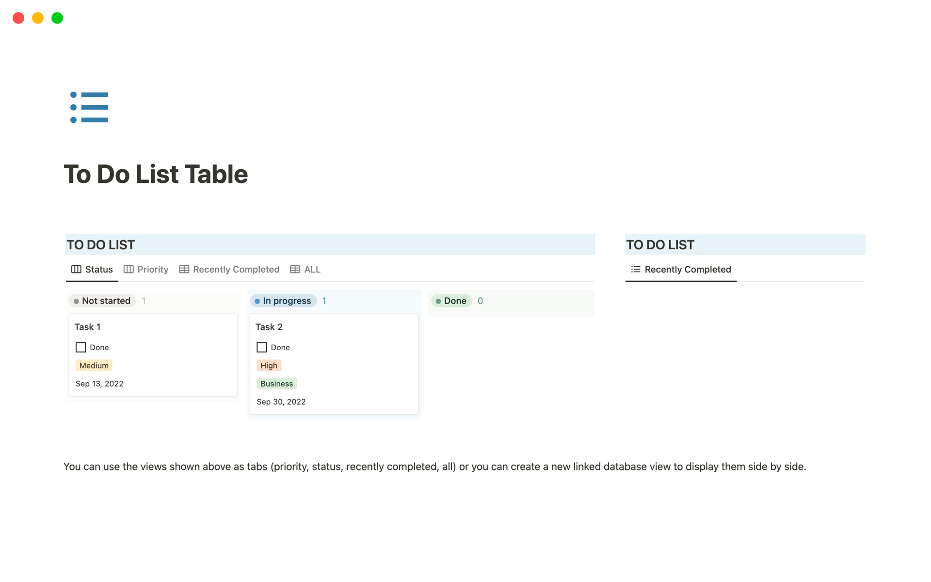 A kanban-style to do list Notion table with a "recently completed" section and a basic Monday-Friday to do list for both personal and business tasks. 