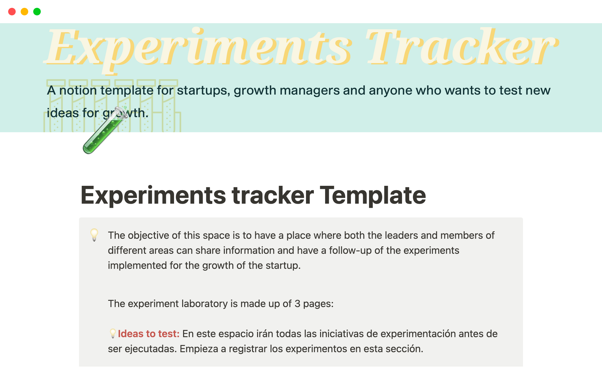 A template preview for Experiments tracker