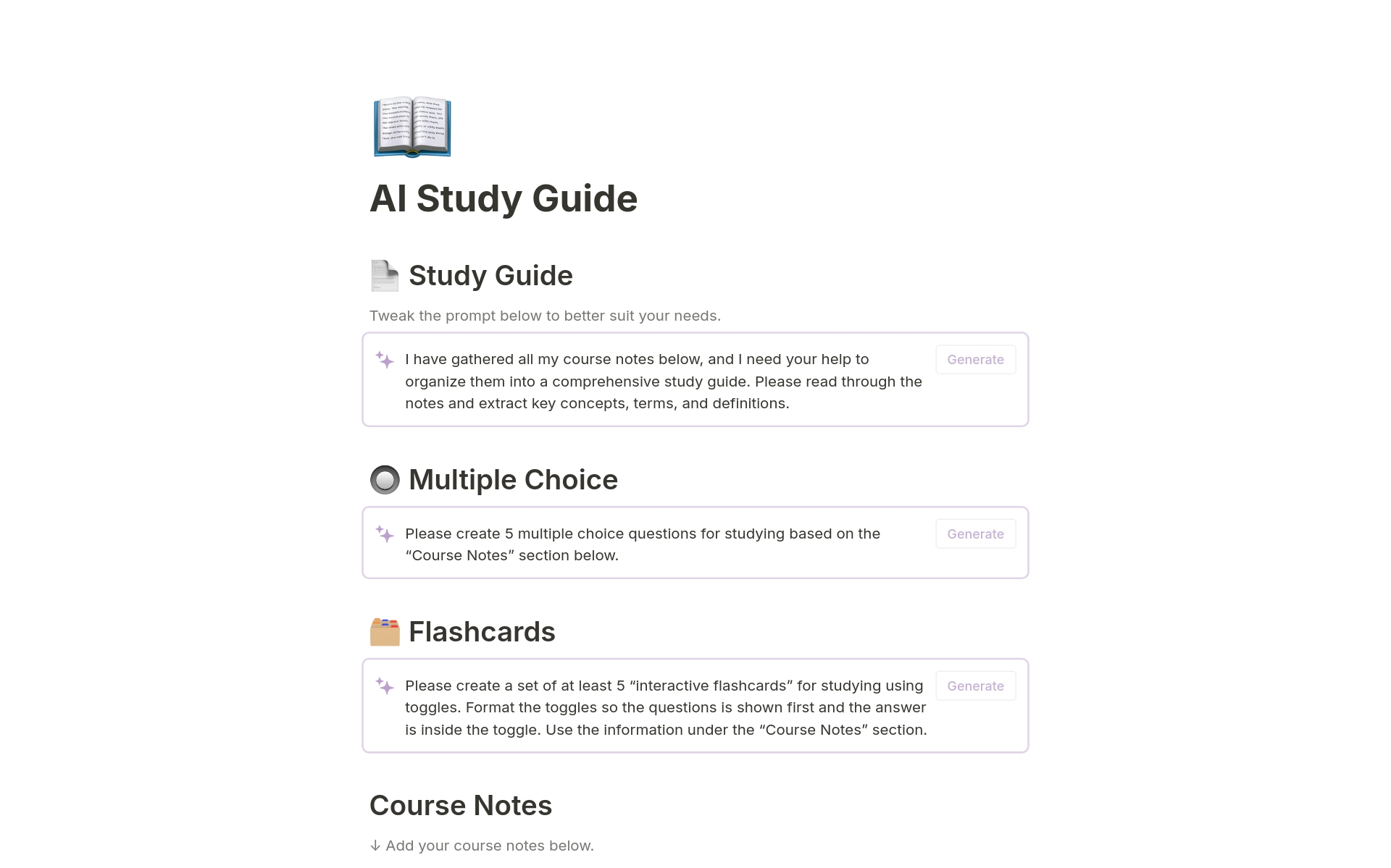 Vista previa de una plantilla para AI Study Guide