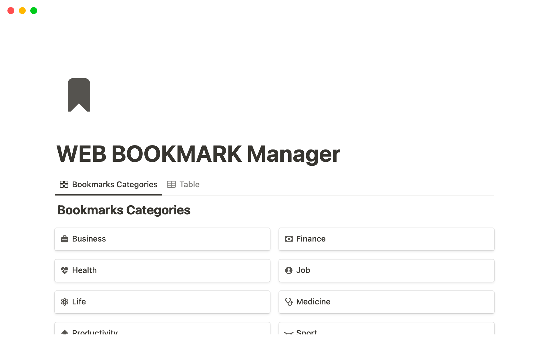 Vista previa de una plantilla para Web Bookmark Manager