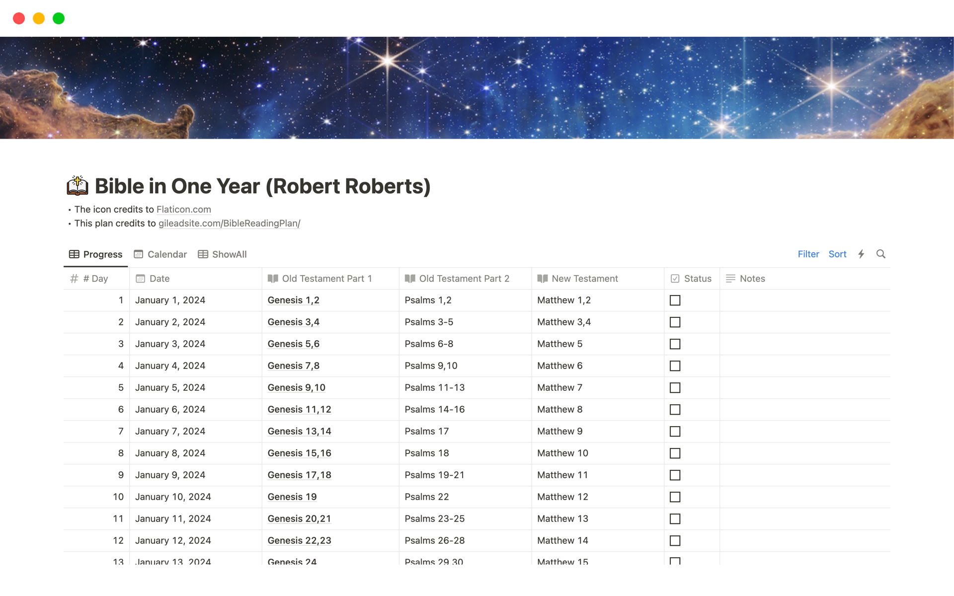 Embark on a spiritual journey with the 'Bible in One Year (Robert Roberts)' Notion template, a structured and interactive guide for daily scripture reading.