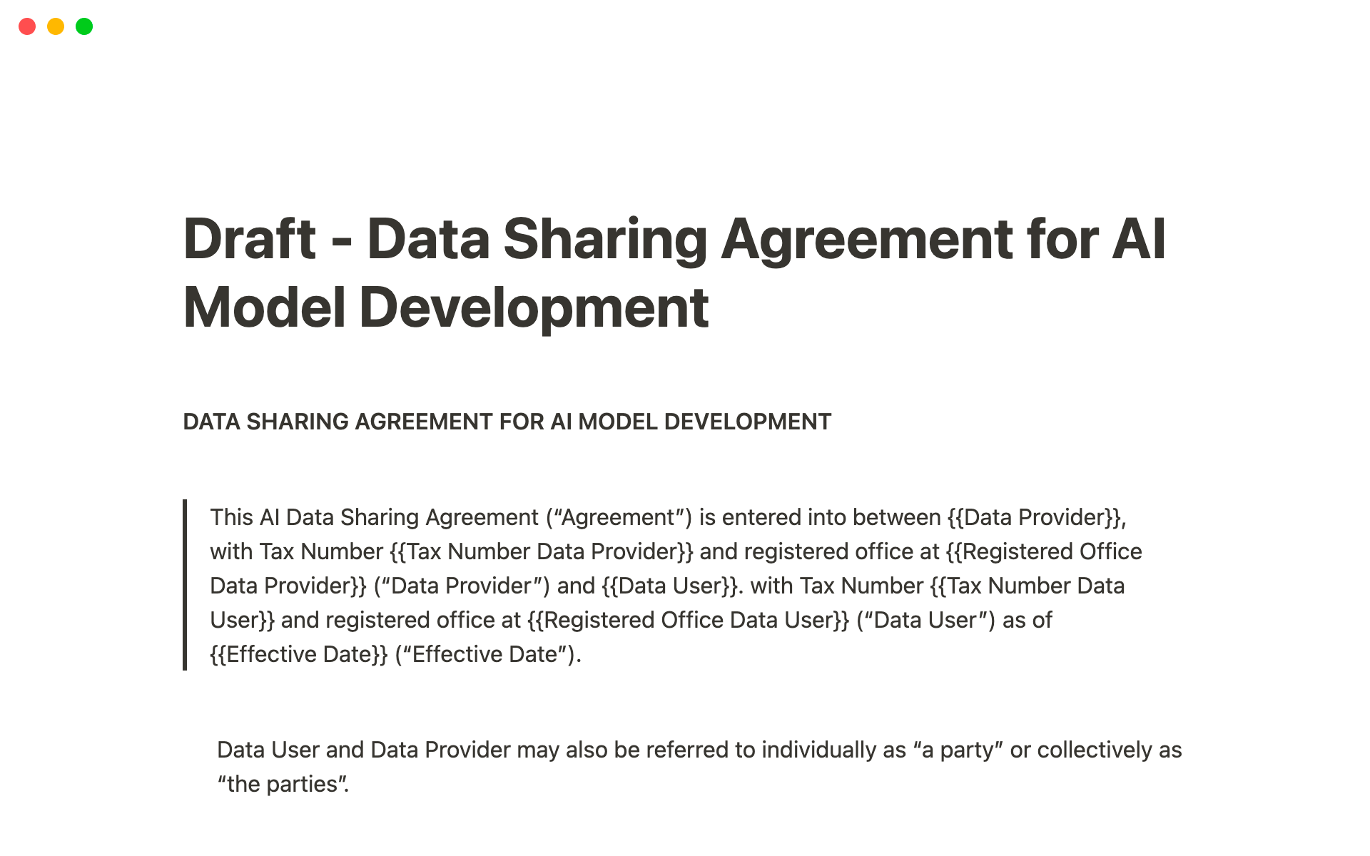 A template preview for Data Sharing Agreement for AI Model Development