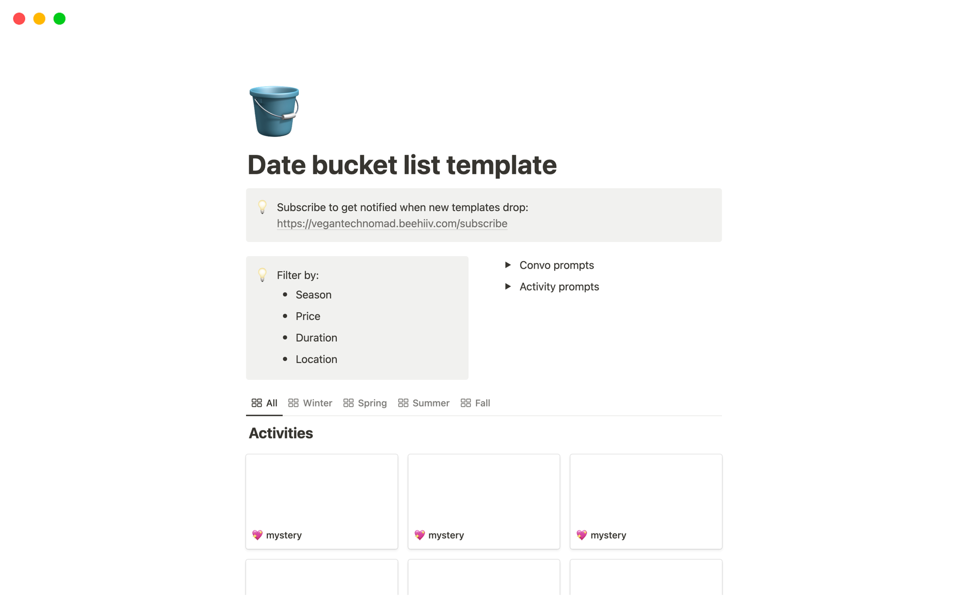A template preview for Date bucket list