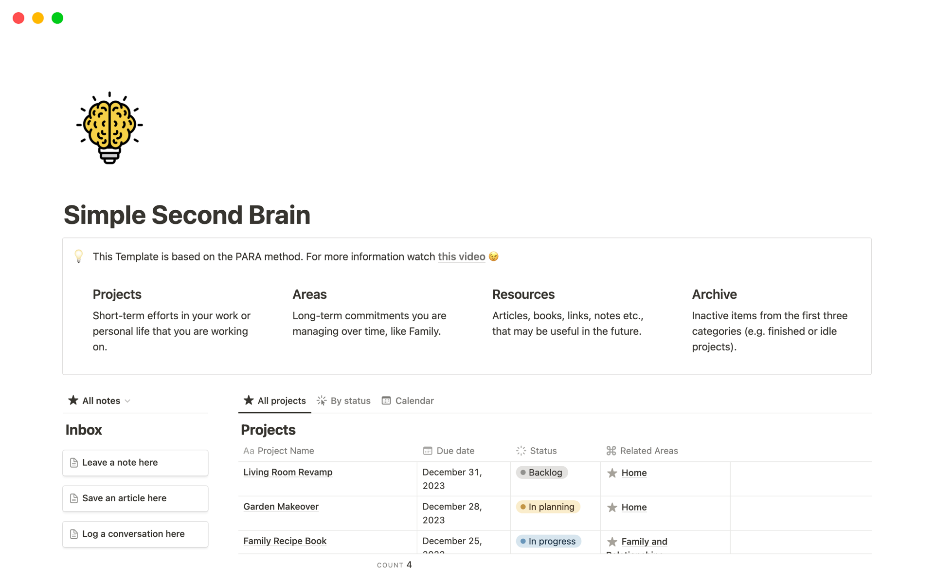 A template preview for Simple Second Brain - Productivity System