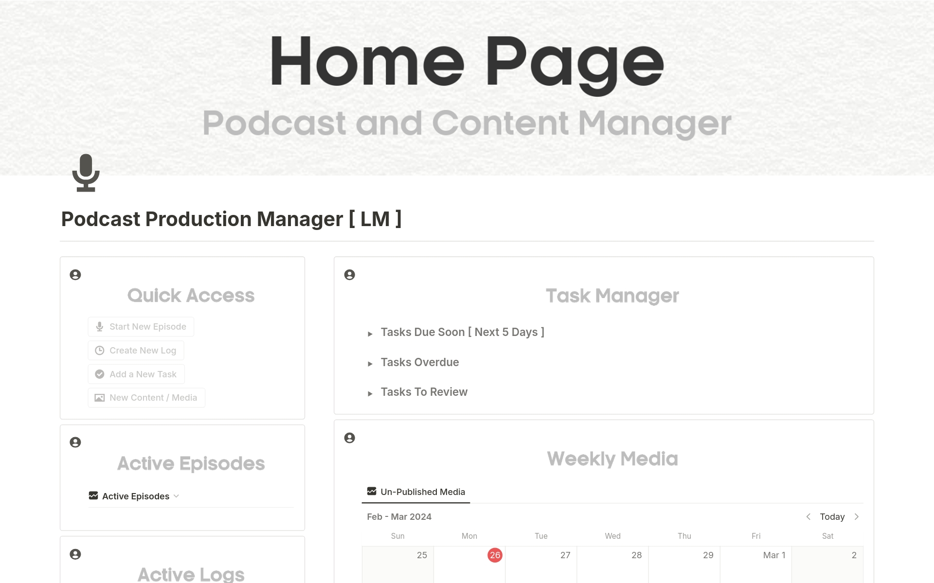 A template preview for Podcast Production | Content Manager