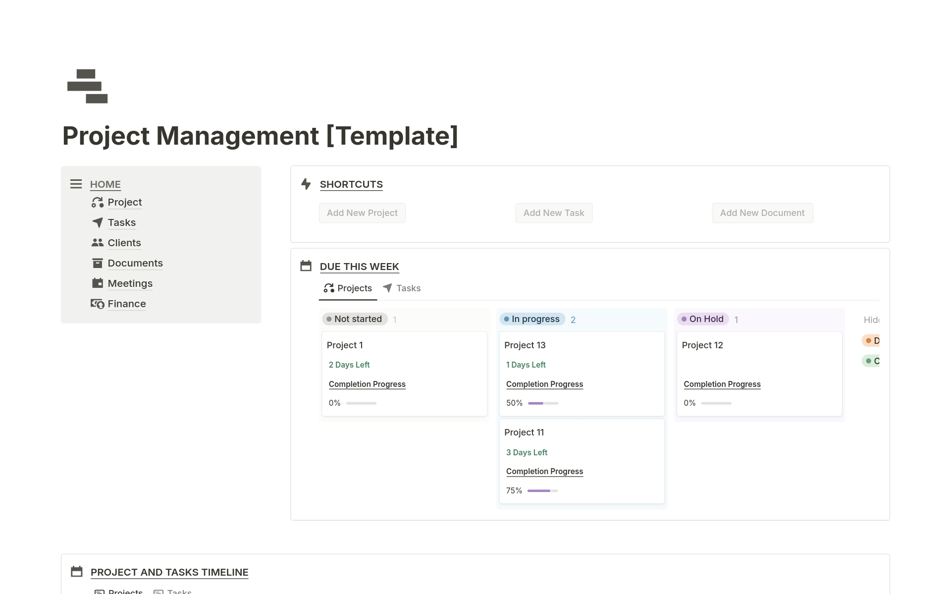 A template preview for Project Management Hub