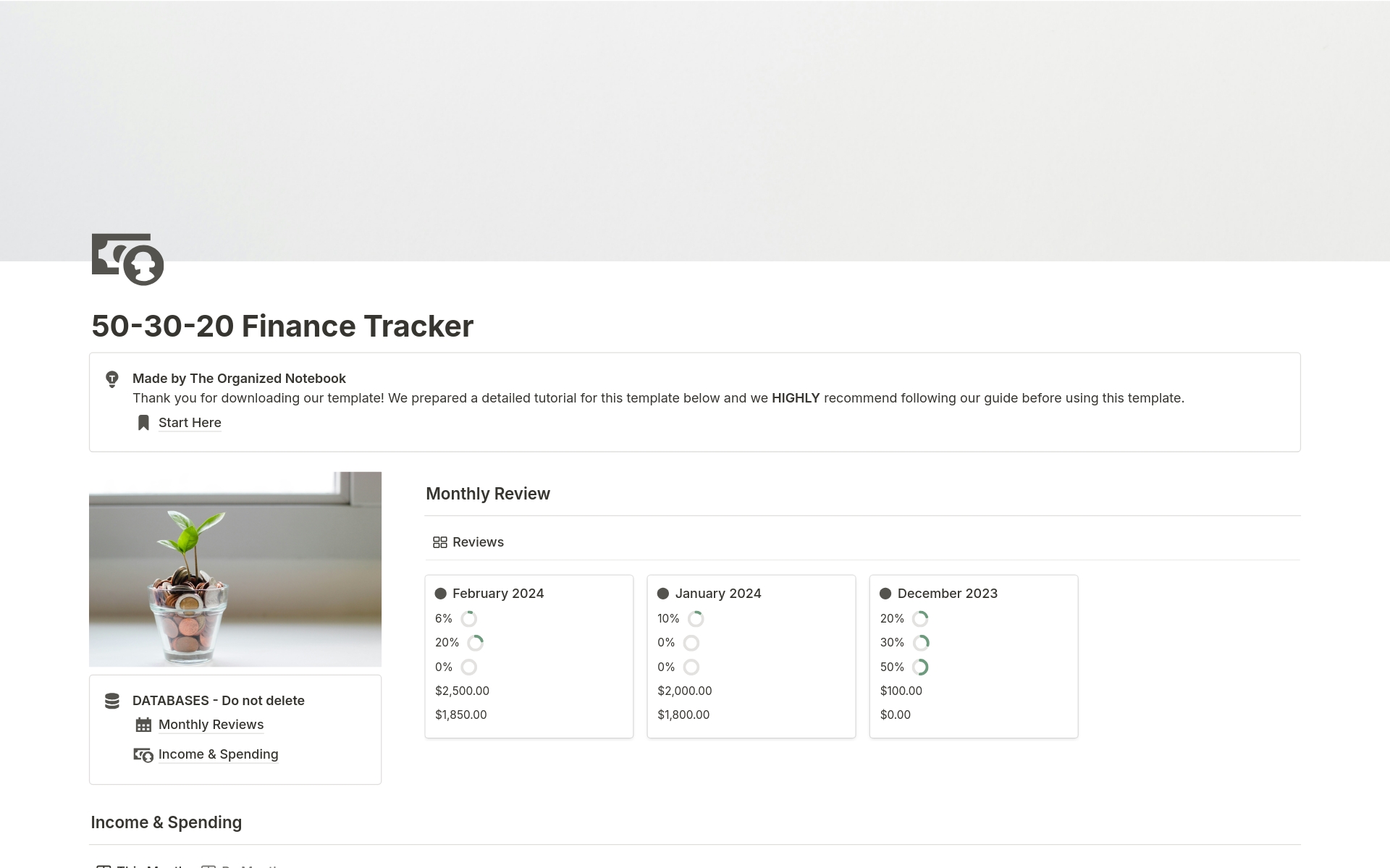 Vista previa de plantilla para 50-30-20 Finance Tracker
