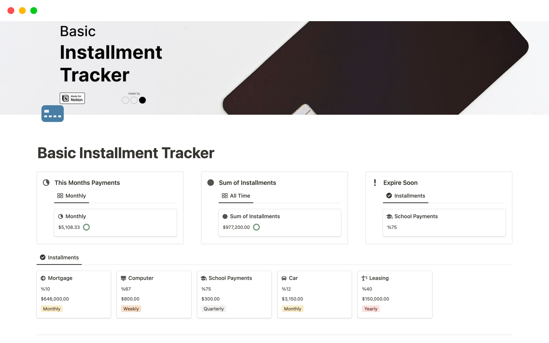 A template preview for Basic Installment Tracker