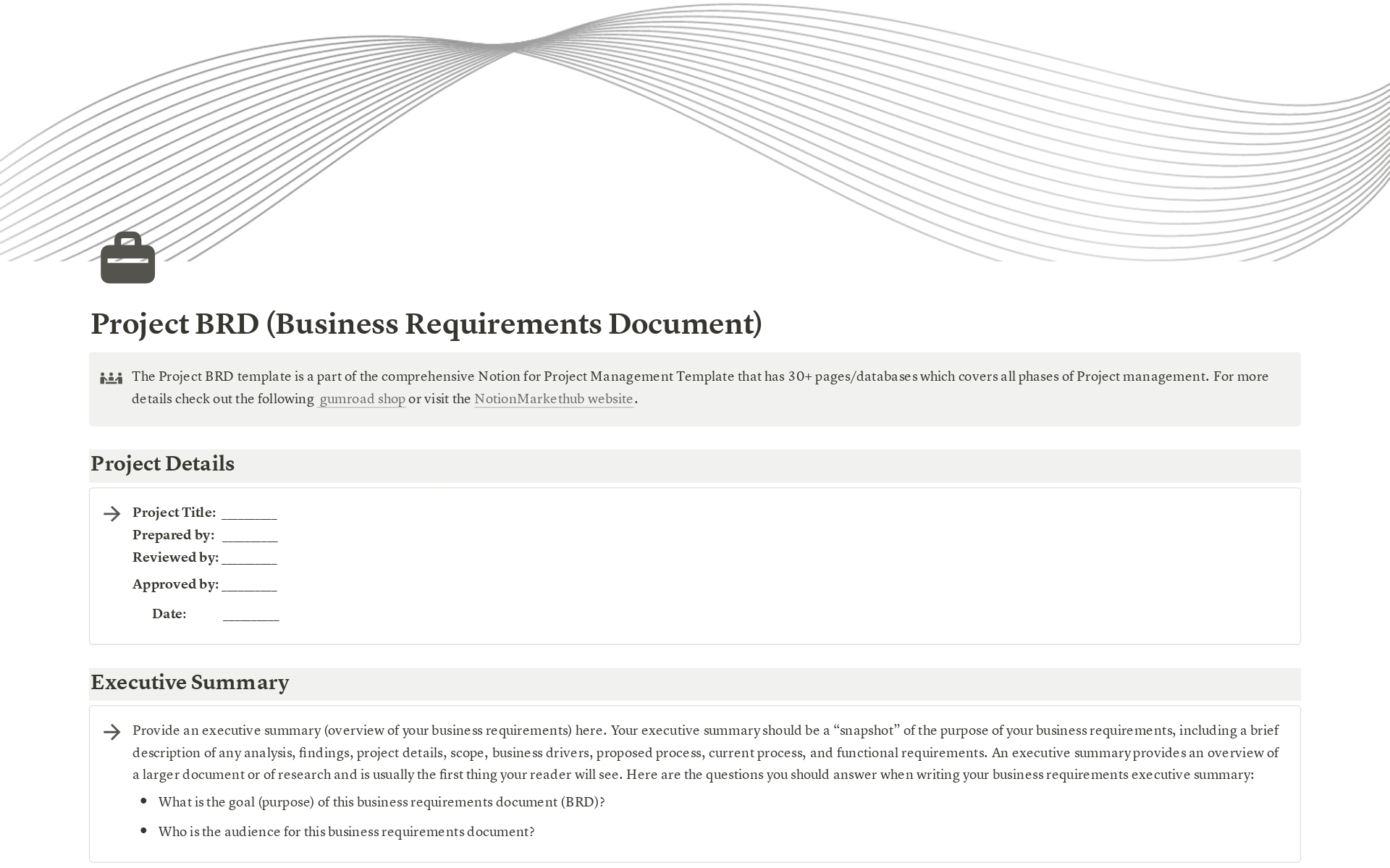 Vista previa de una plantilla para Business Requirements Document BRD for Projects