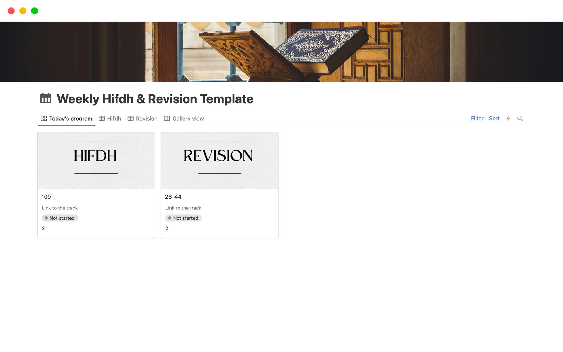 A template preview for Weekly Quran Hifdh & Revision Planner