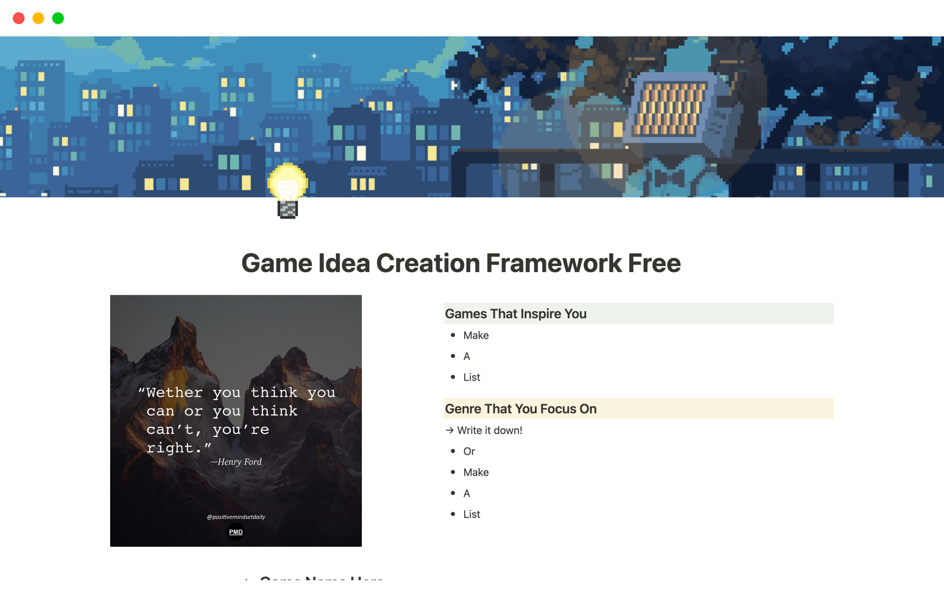 A template preview for Game Idea Creation Framework