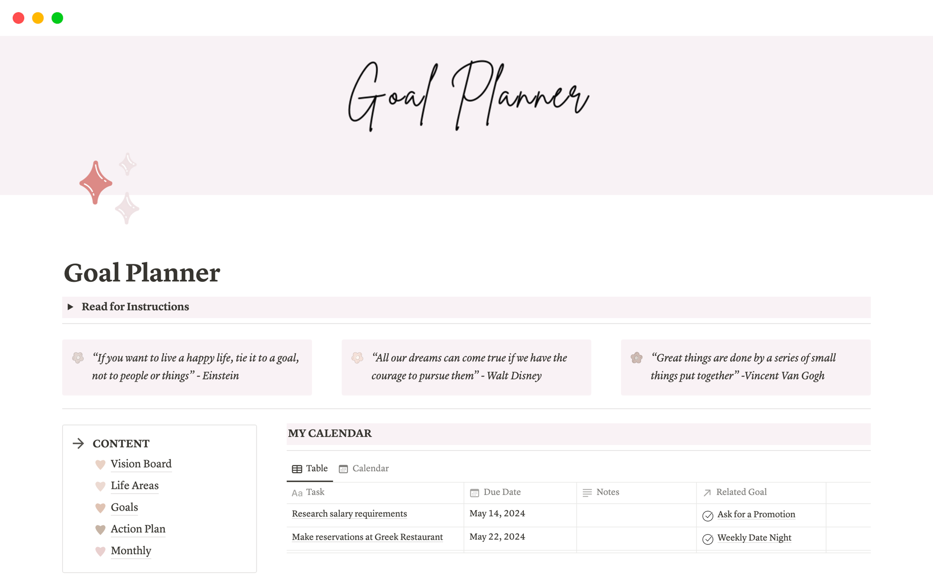 A template preview for Goal Planner