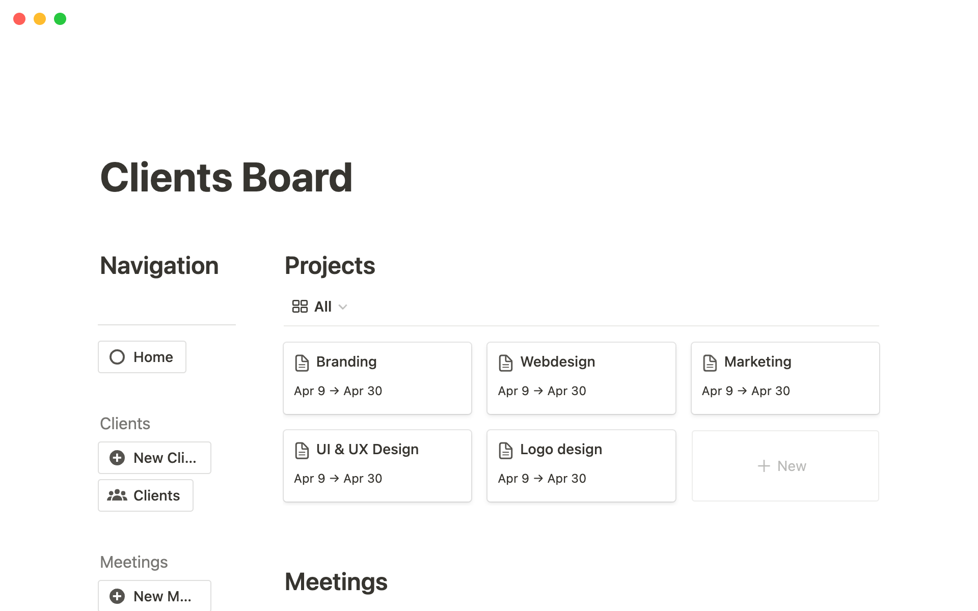 Vista previa de plantilla para Clients & Projects Board