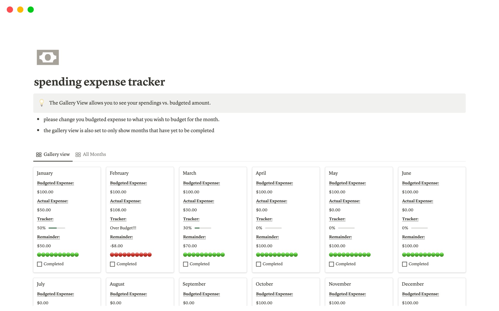 A template preview for Spending expense tracker