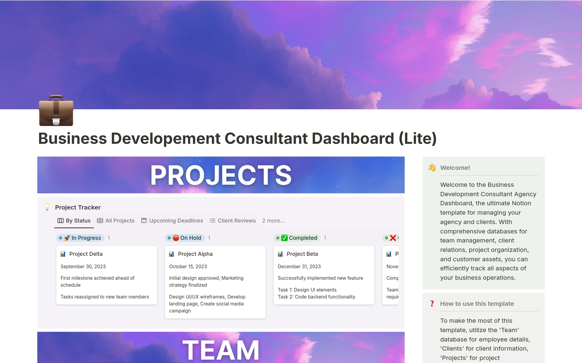 Take control of your agency's operations with the Business Development Consultant Dashboard (Lite). Manage projects, clients, and teams seamlessly to boost productivity and client satisfaction.
