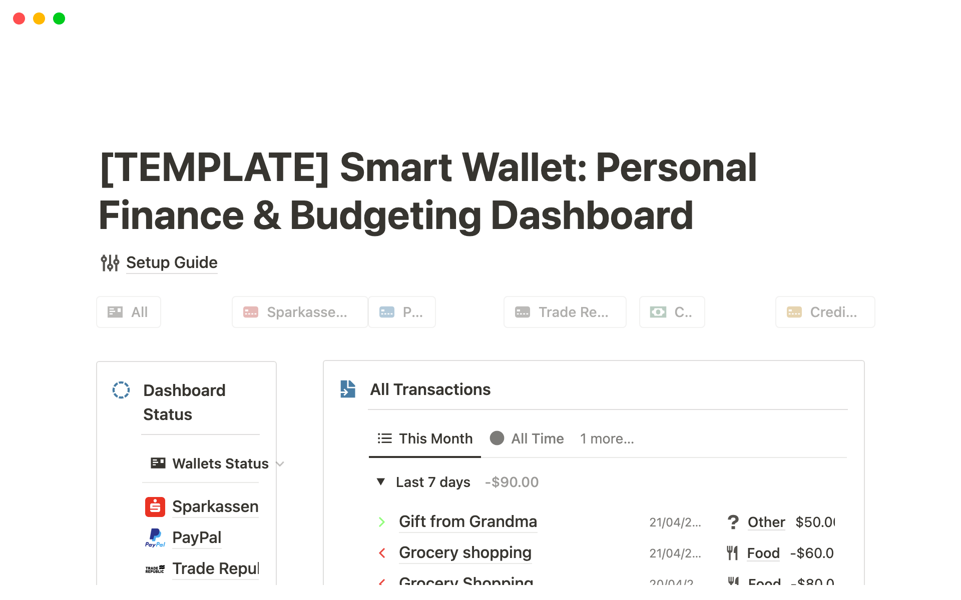 Vista previa de plantilla para Smart Wallet: Personal Finance & Budgeting Dashboard