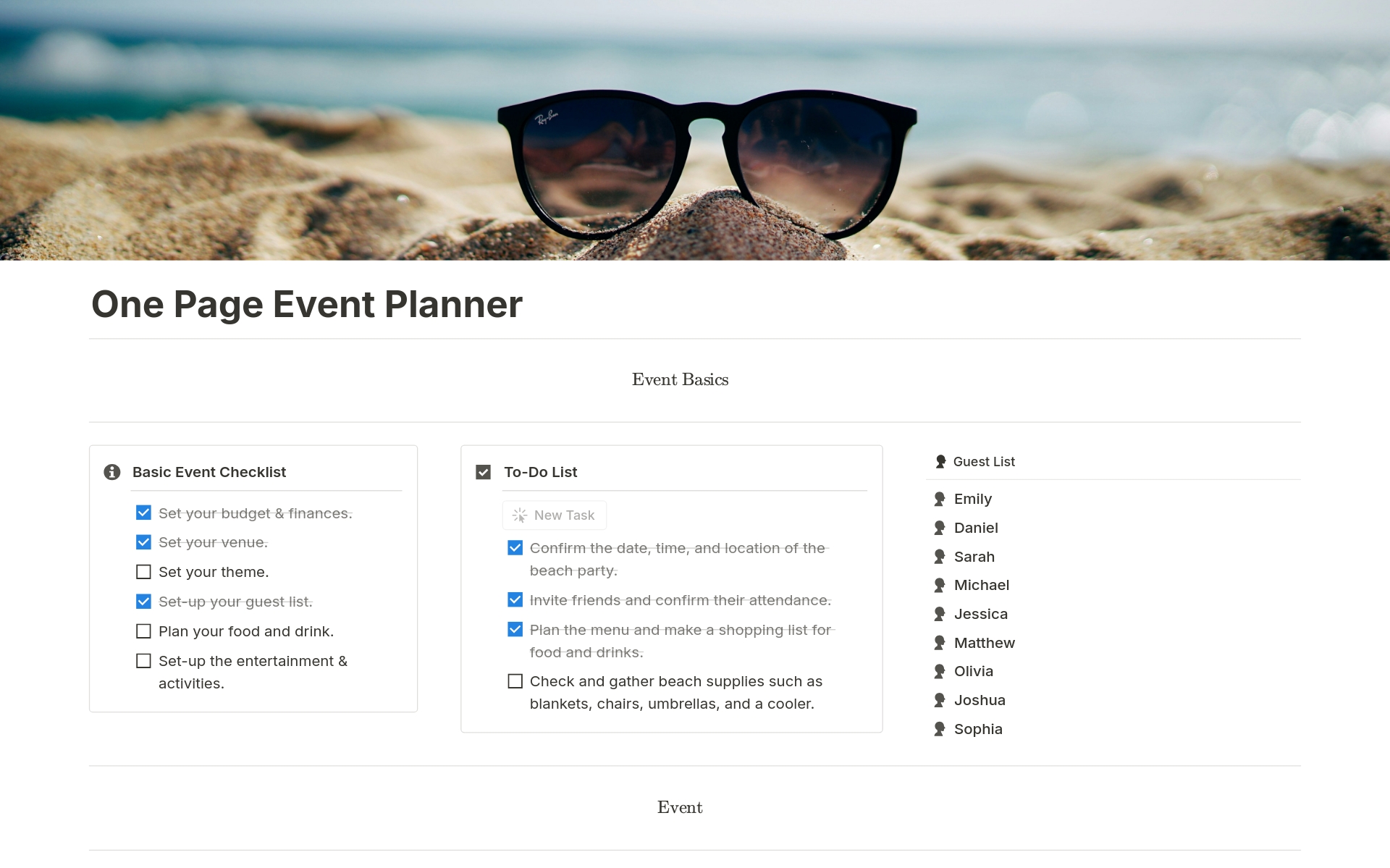 One Page Event Plannerのテンプレートのプレビュー