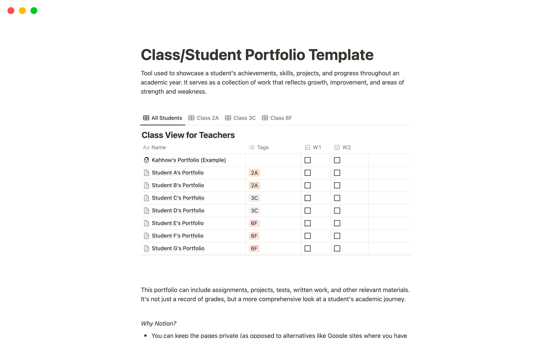A template preview for Class/ Student Portfolio