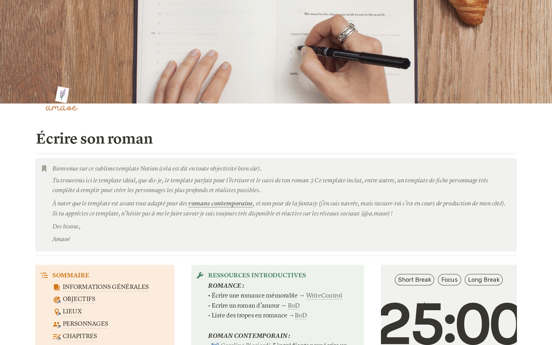 Modèle Écrire un roman (contemporain) | Marketplace Notion