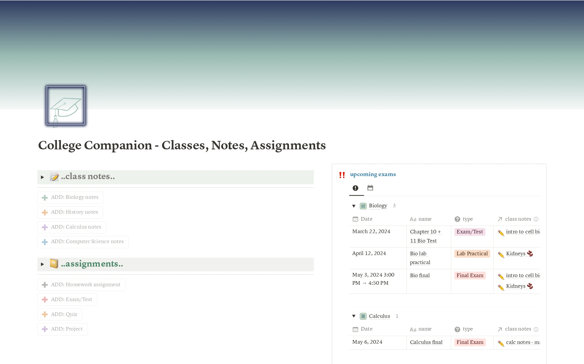 Keep your semester of learning organized with the college companion. The template contains 3 interlinked databases to track homework and assignments, prepare for exams, and keep track of lecture notes.