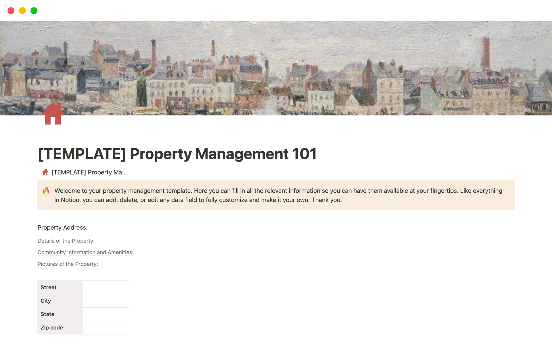A template preview for Property Management 101 
