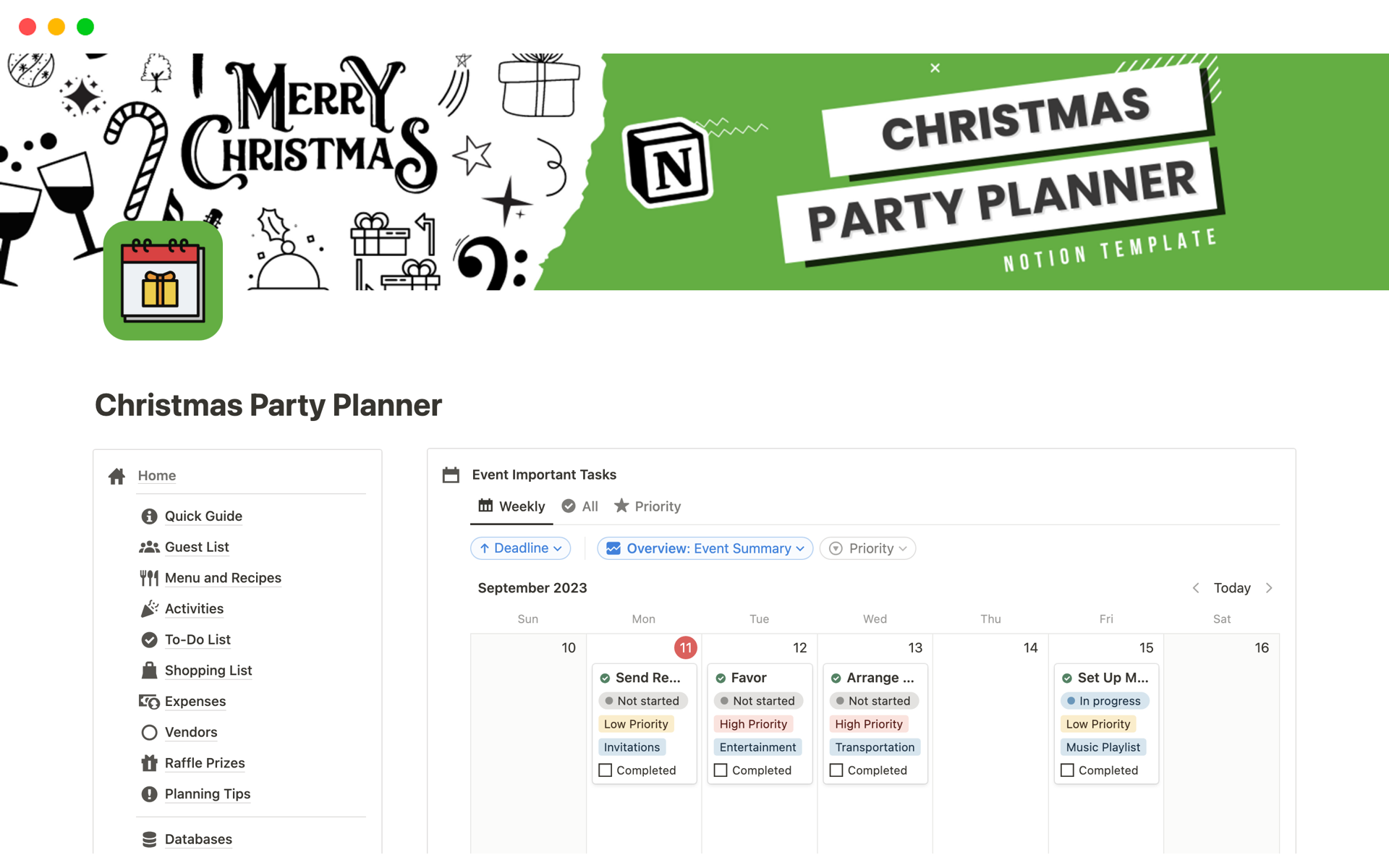 Effortlessly plan your Christmas party with this Notion template. Manage guest lists, budgets, menus, and more for a festive celebration.