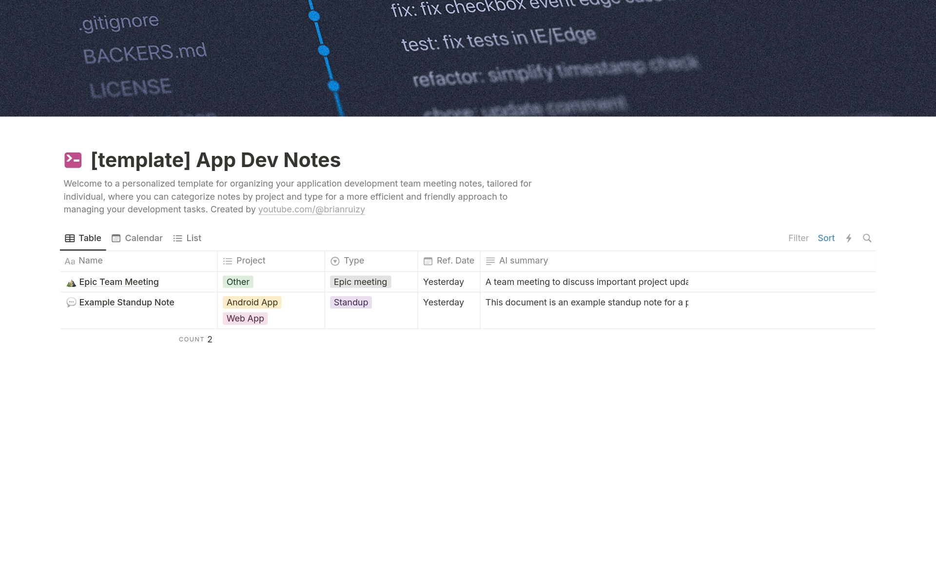 a personalized template for organizing your application development team meeting notes, tailored for individual, where you can categorize notes by project and type for a more efficient and friendly approach to managing your development tasks. Created by youtube.com/@brianruizy 