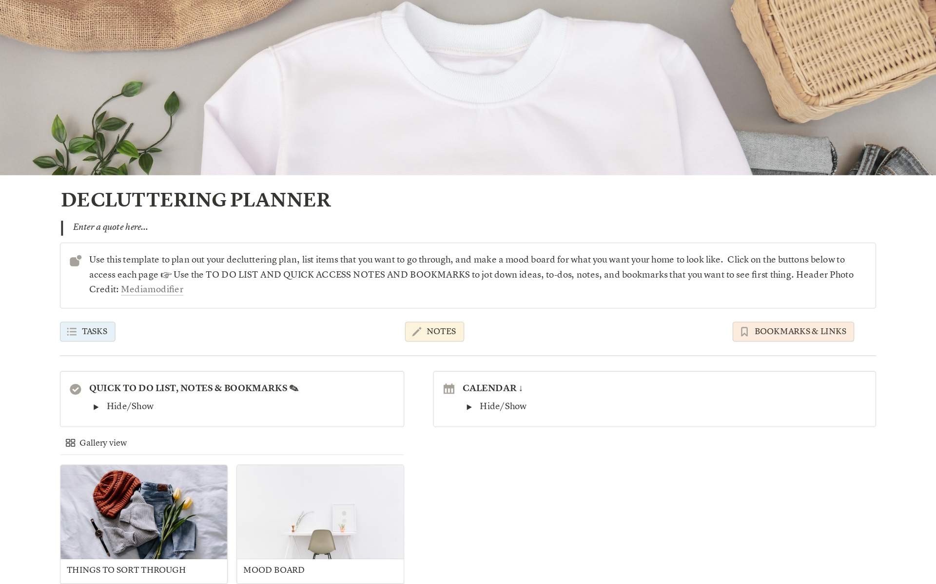 A template preview for Decluttering Planner