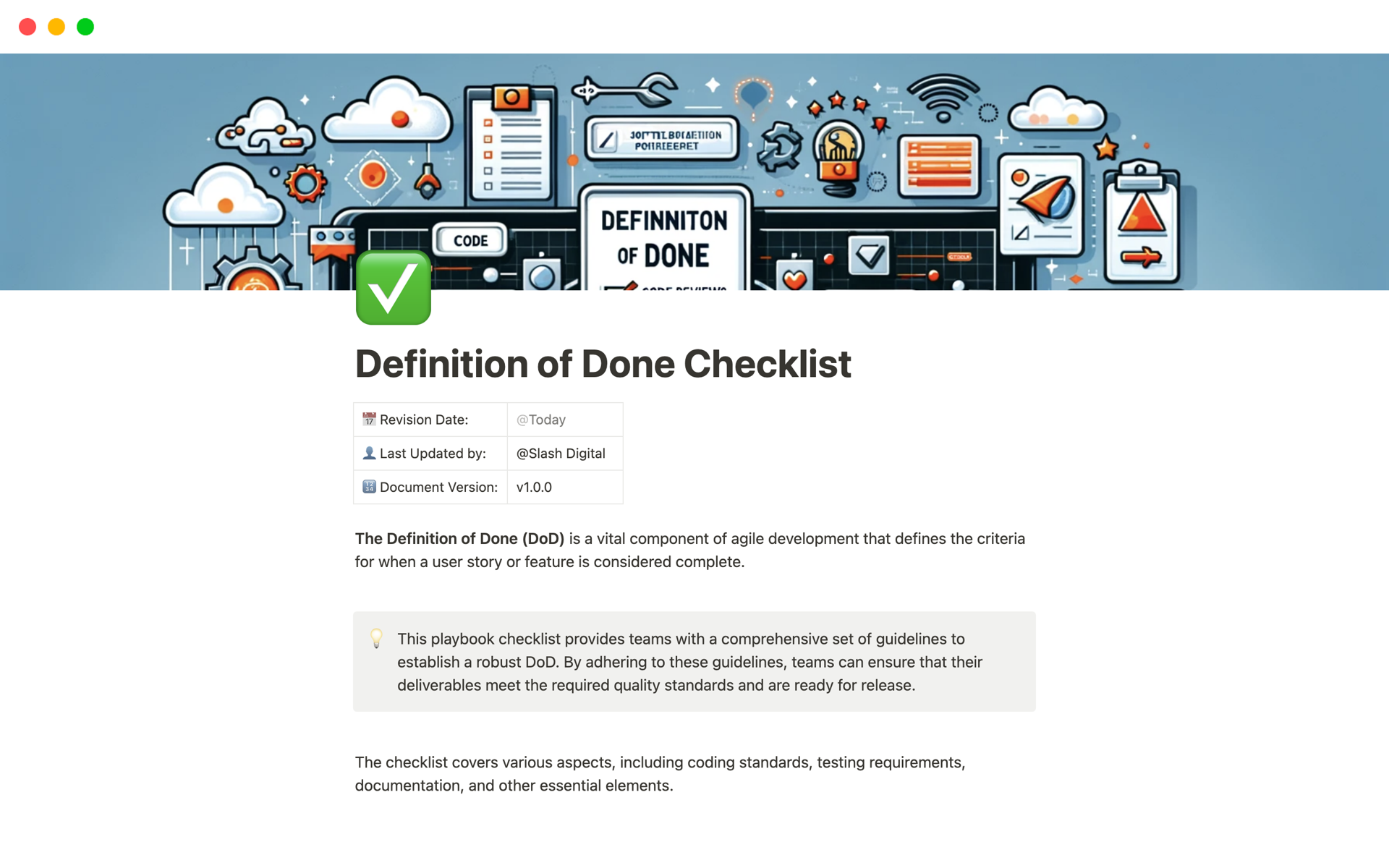 A template preview for Definition of Done Checklist