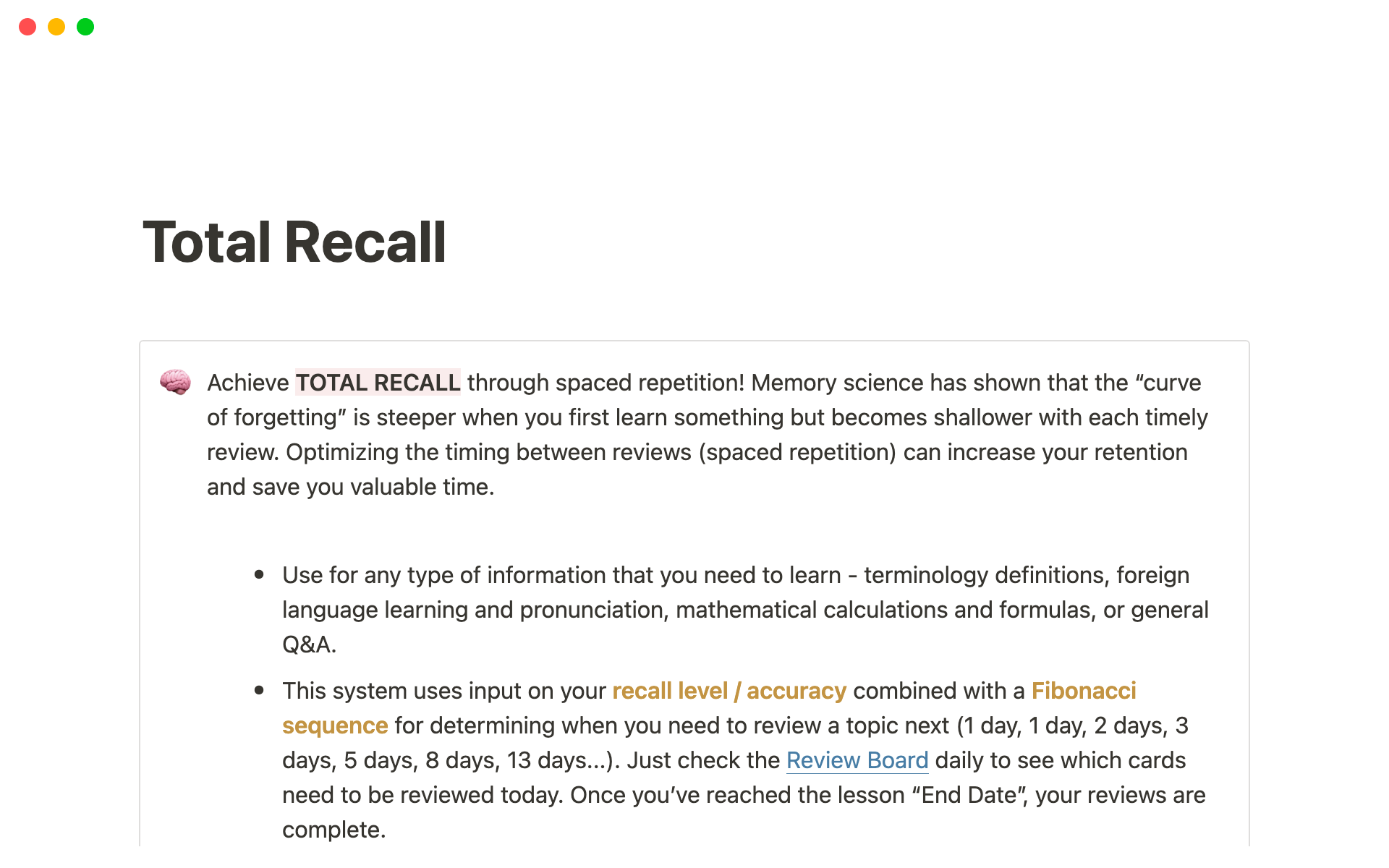 A template preview for Total Recall - Dynamic Spaced Repetition Learning
