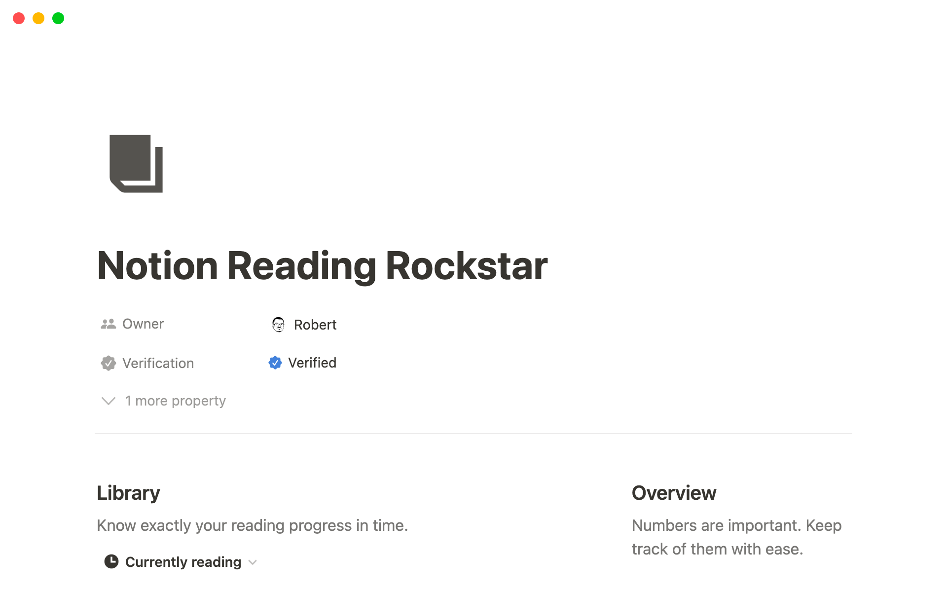 En forhåndsvisning av mal for Notion Reading Rockstar