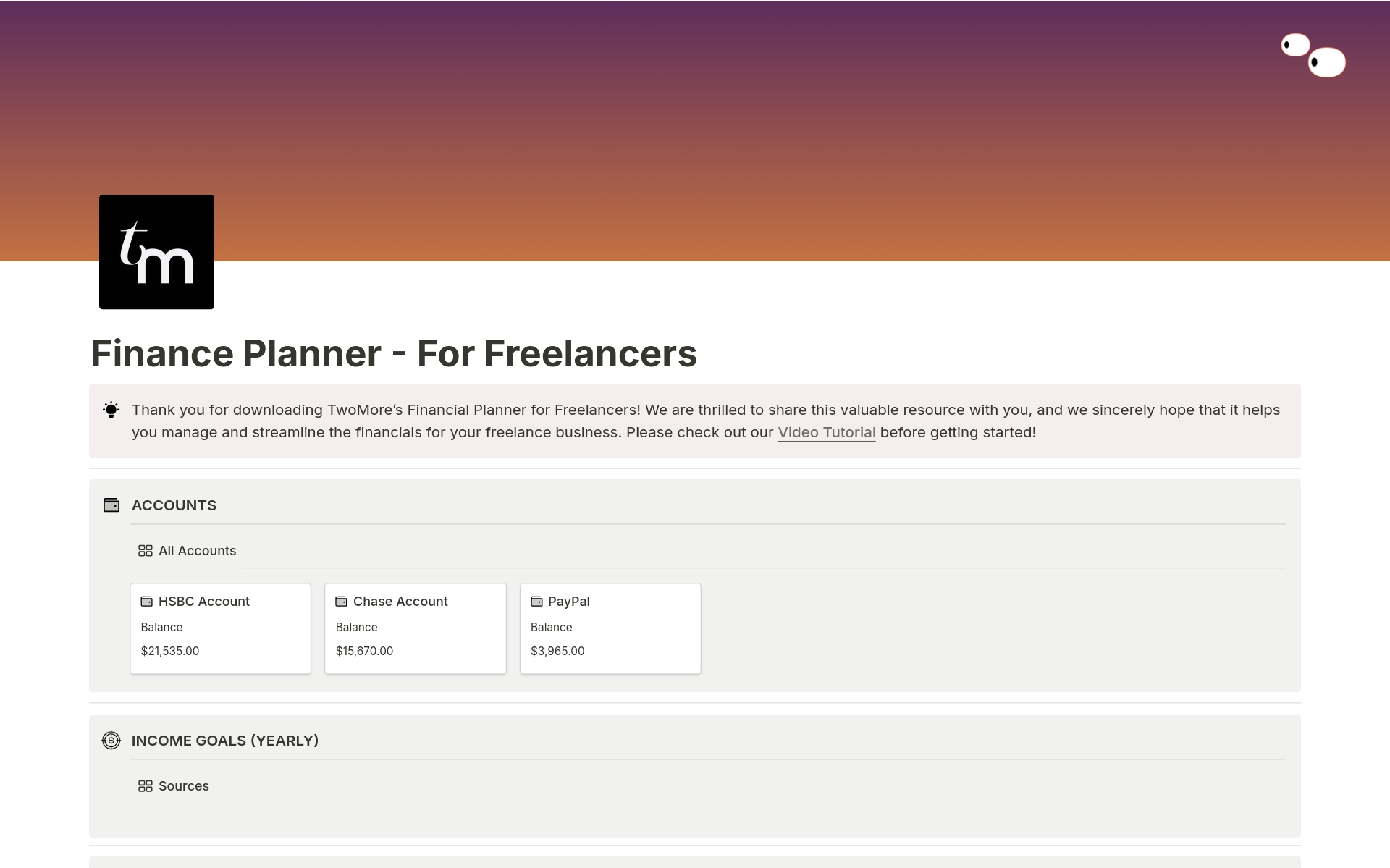 Uma prévia do modelo para Finance Planner - For Freelancers