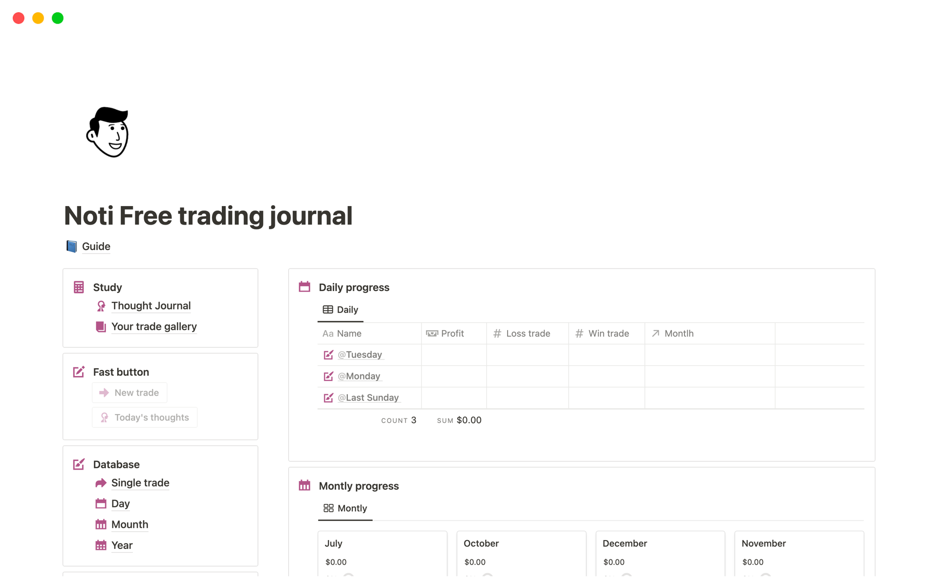 A template preview for Trading journal