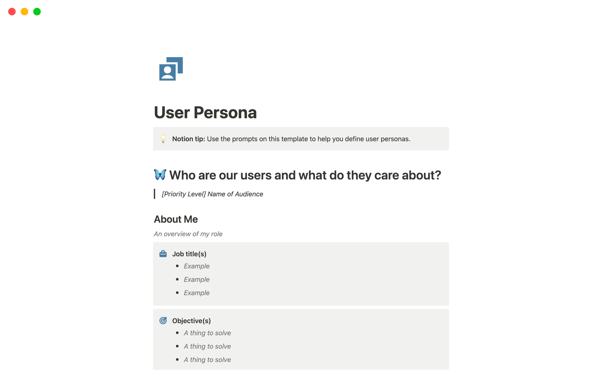 User Personaのテンプレートのプレビュー