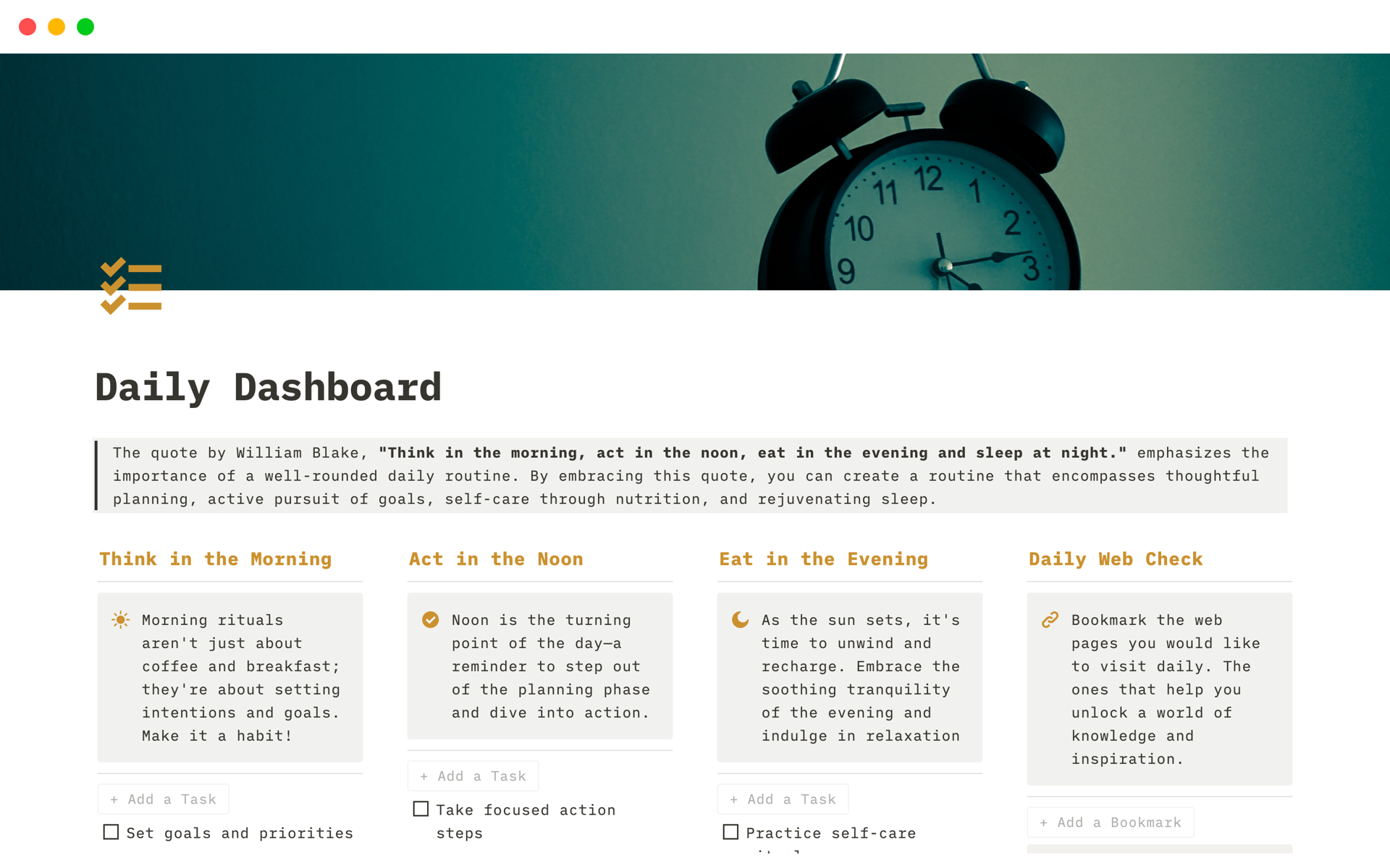 Optimize your daily routine with this Daily Dashboard inspired by the 'Think-Act-Eat' wisdom of William Blake. 