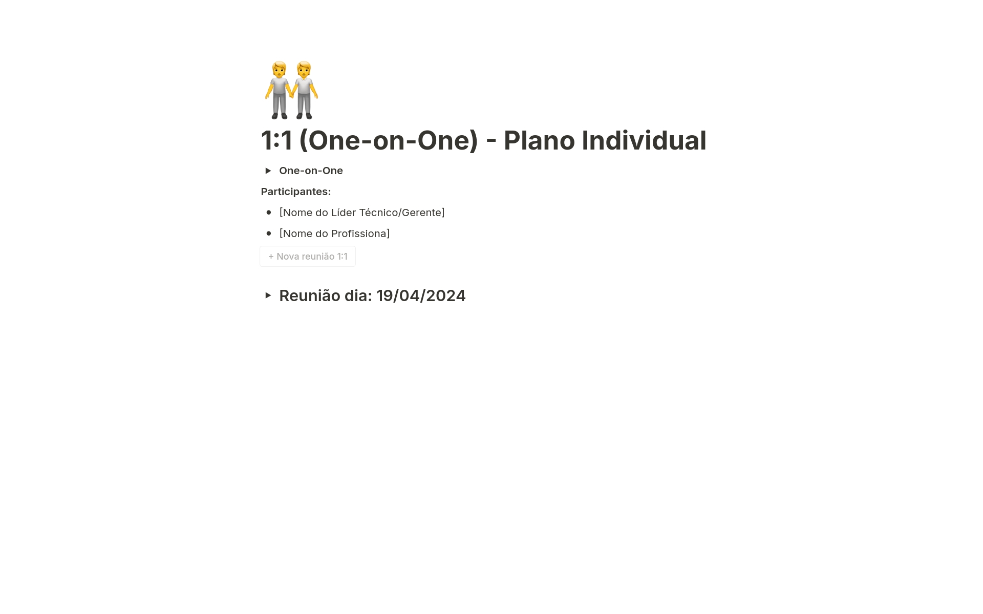 1:1 (One-on-One) - Plano Individualのテンプレートのプレビュー