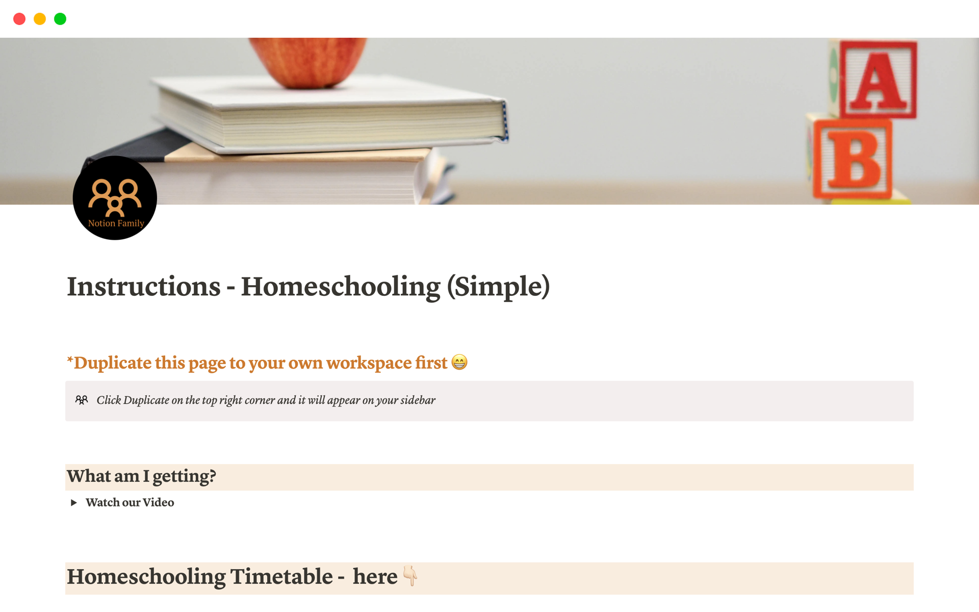 A template preview for Homeschooling (Simple)