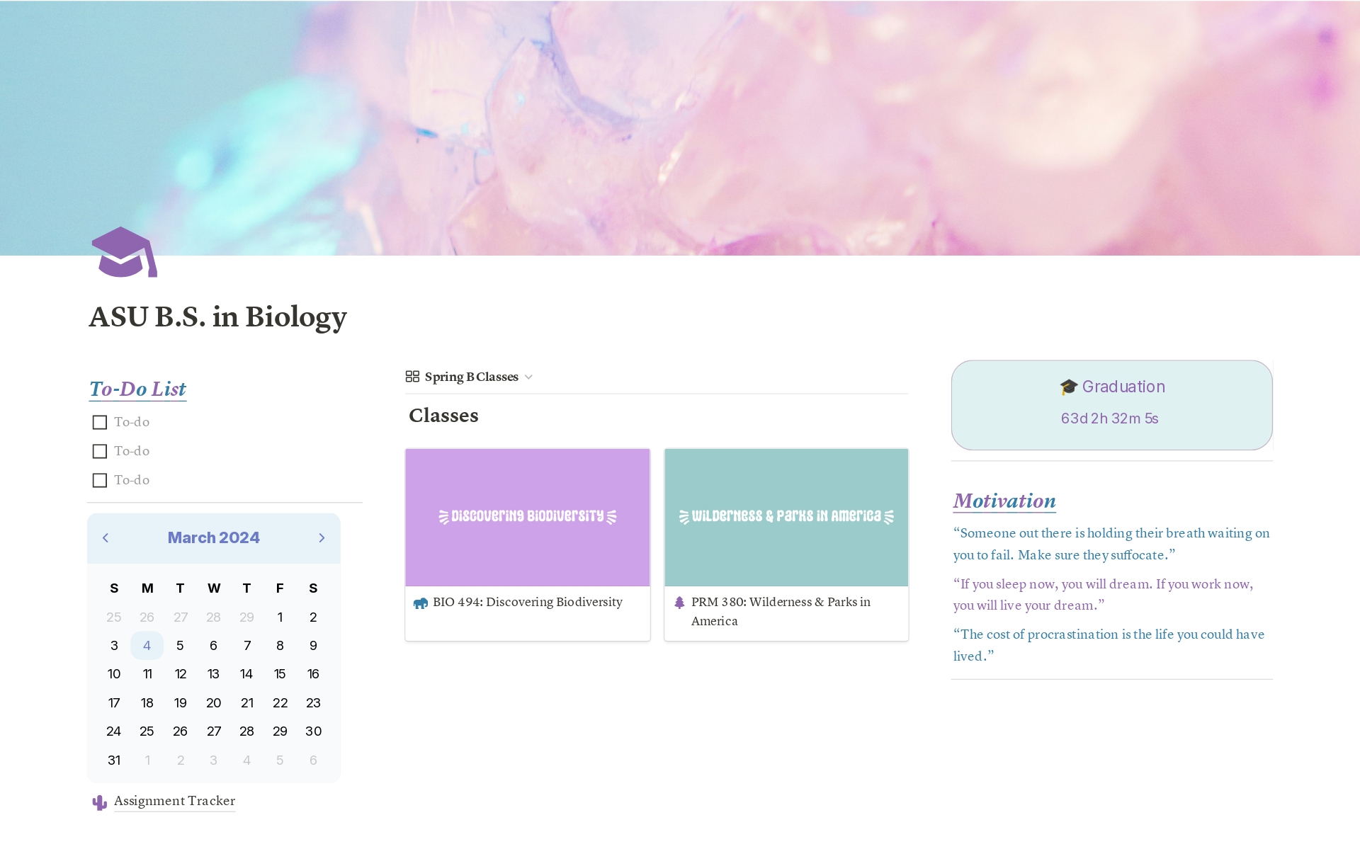 This template allows you to organize your to-do's by class, take notes for your classes, and store important course information in one place.