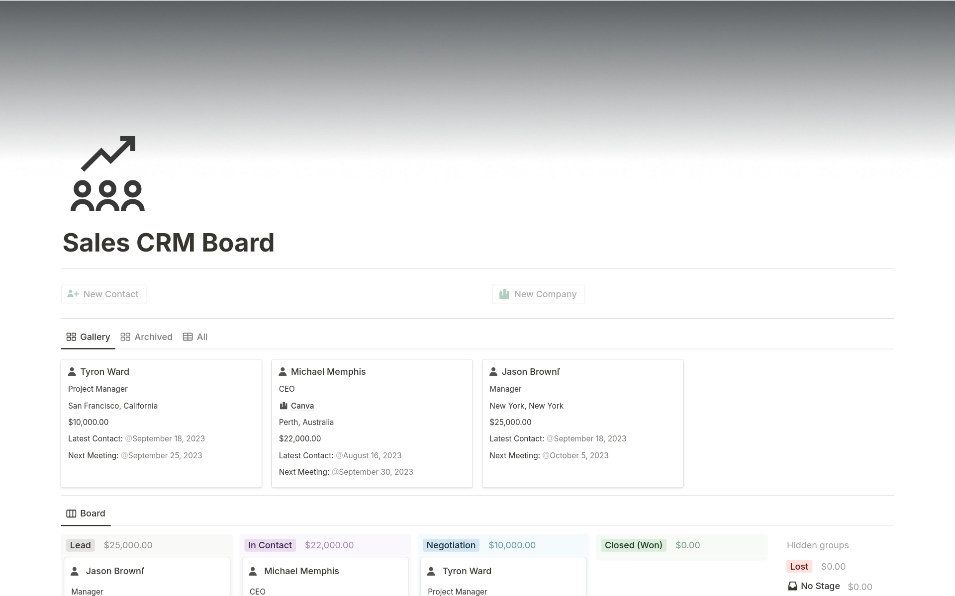 A template preview for Sales CRM Board