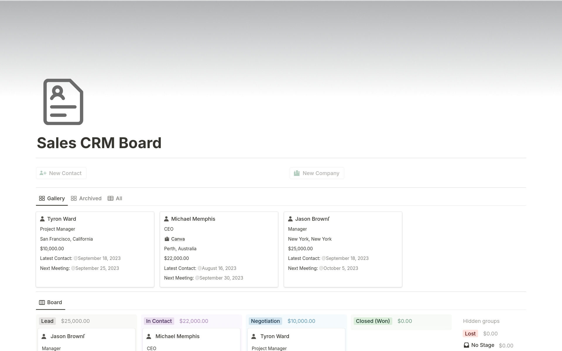 Notion CRM Board is a customizable tool that helps businesses organize and manage customer relationships, including sales leads, deals, and daily communications.
