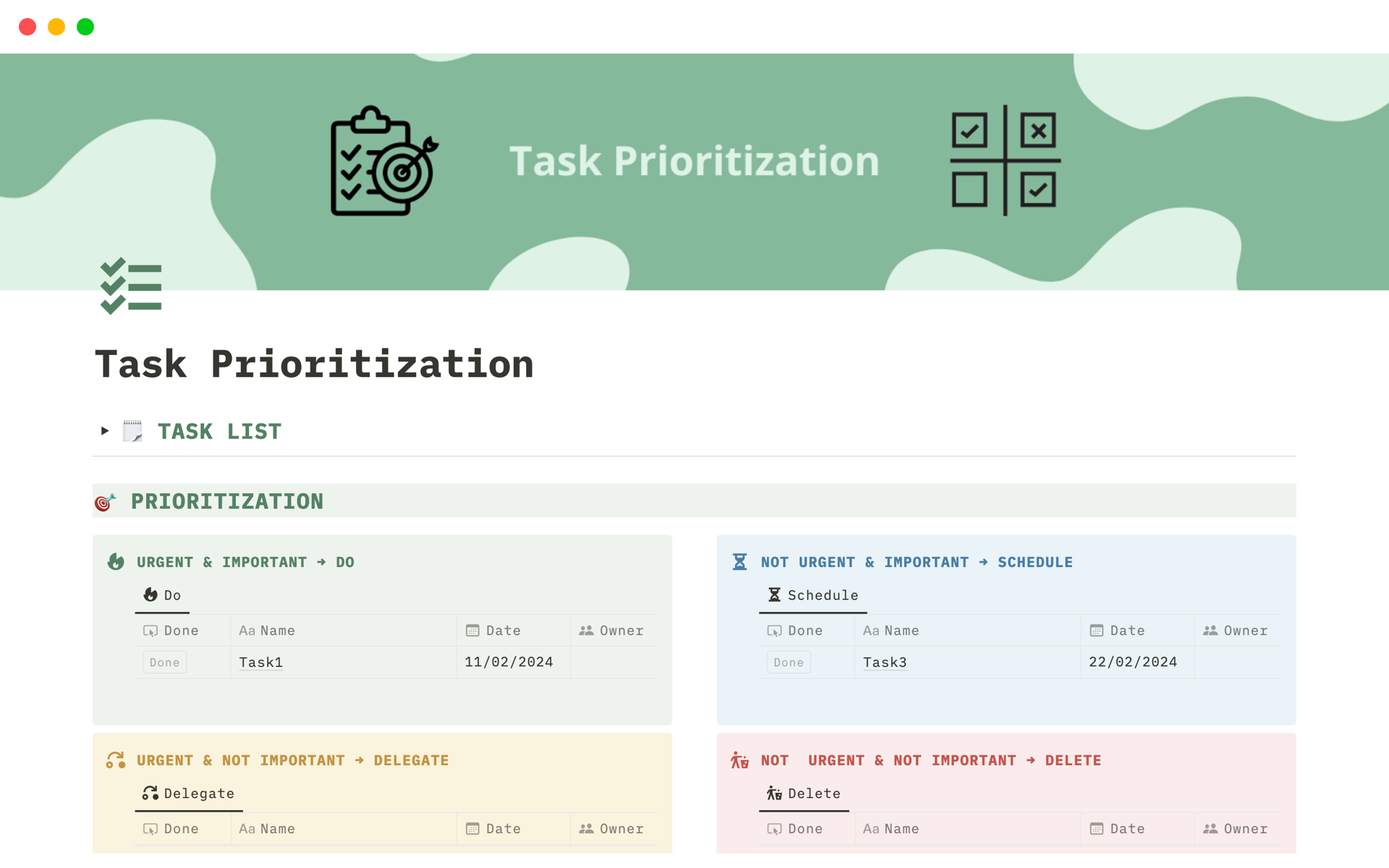 Vista previa de una plantilla para Simple Task Prioritization