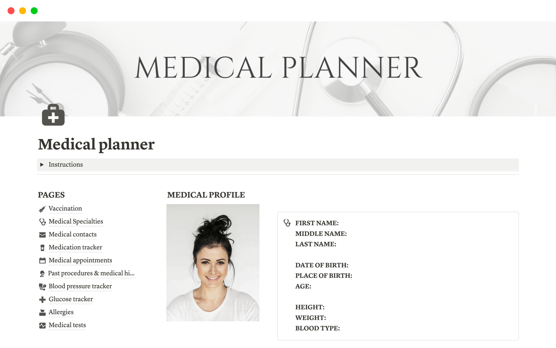 A template preview for Medical planner
