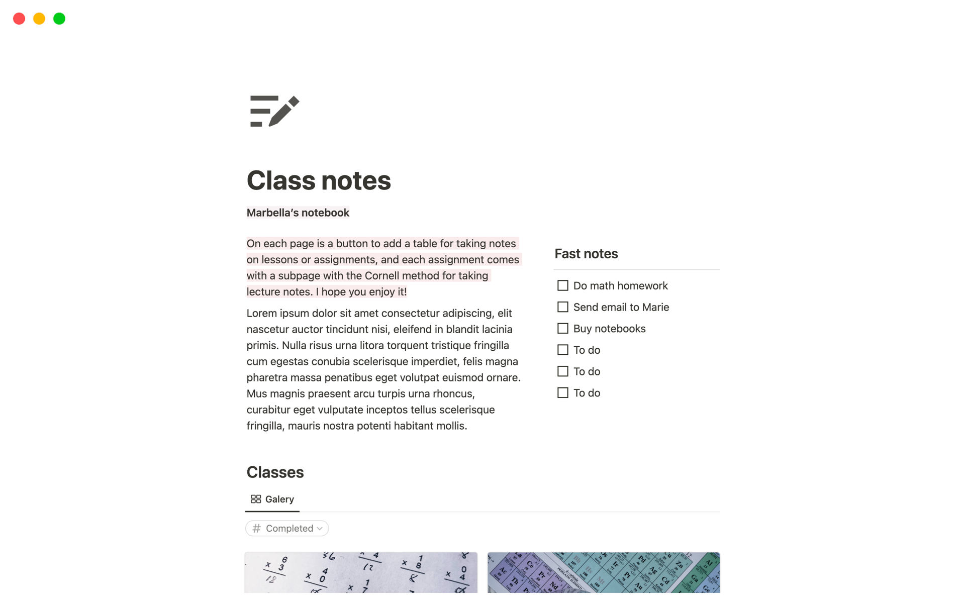 A template preview for Class notes