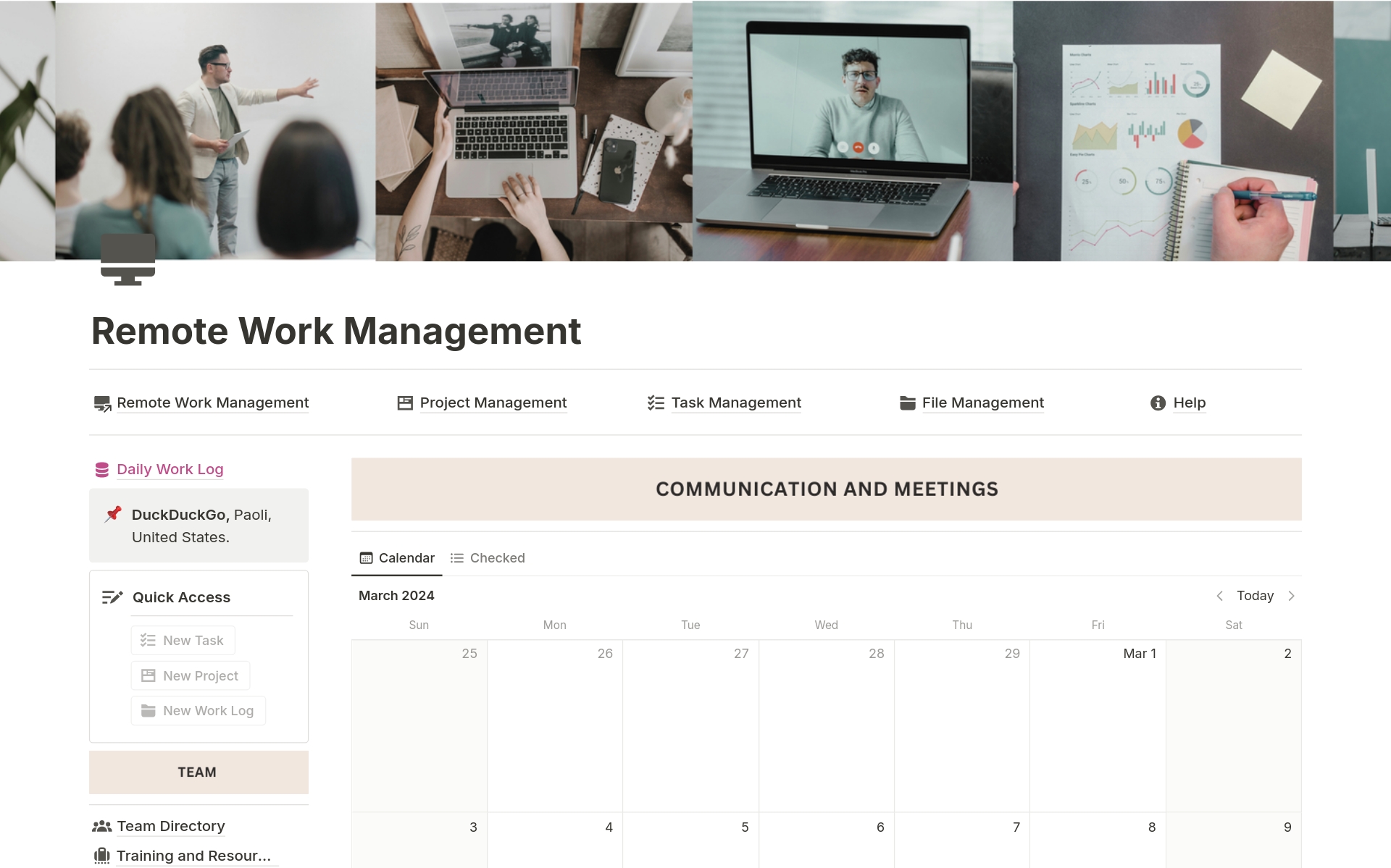 A template preview for Remote Work Management