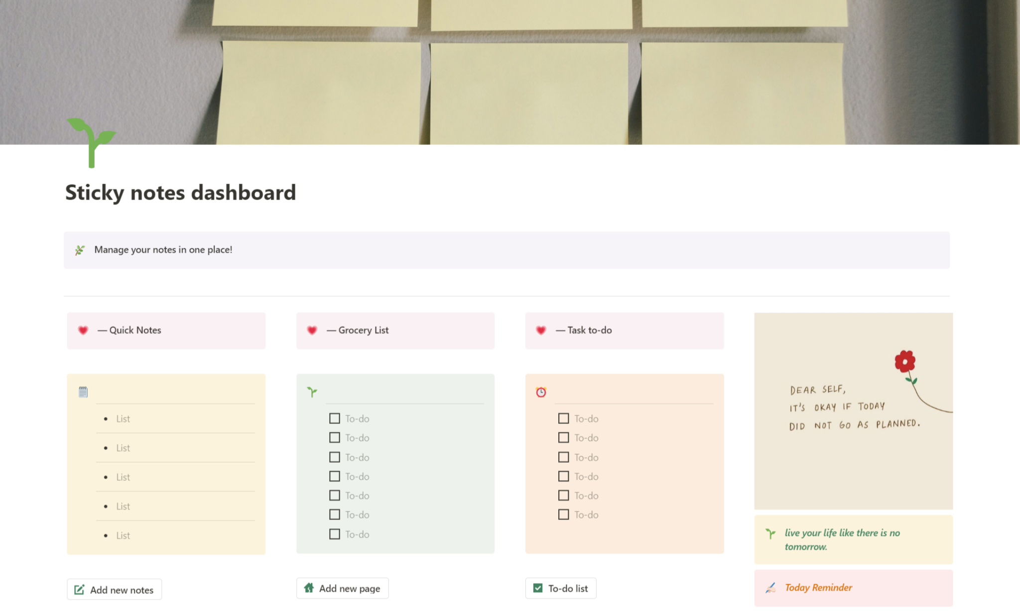 A template preview for Sticky Notes Dashboard