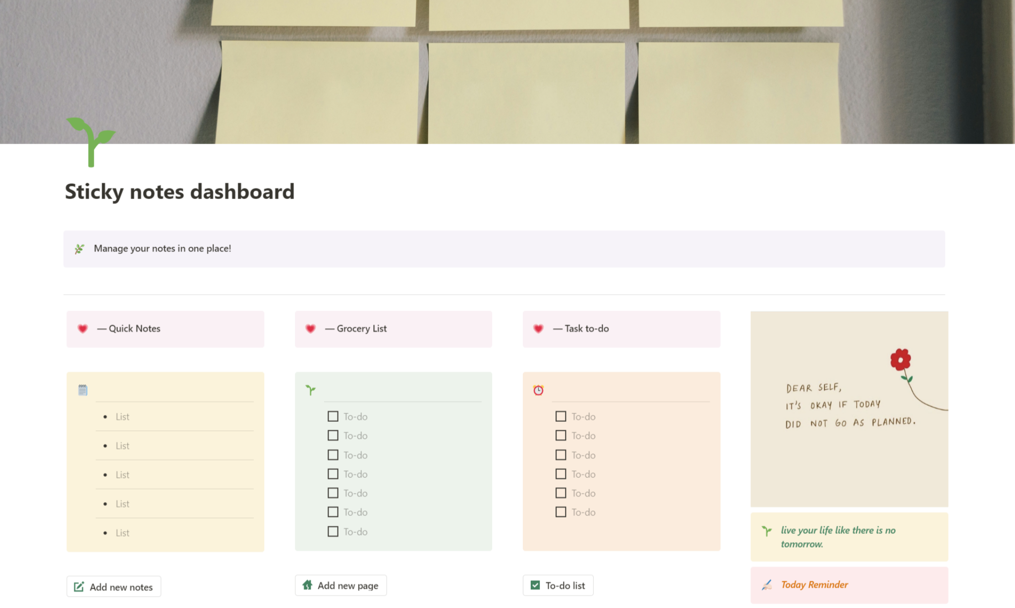 Eine Vorlagenvorschau für Sticky Notes Dashboard