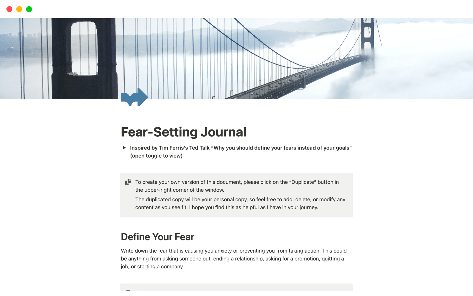 Eine Vorlagenvorschau für Fear-Setting Journal