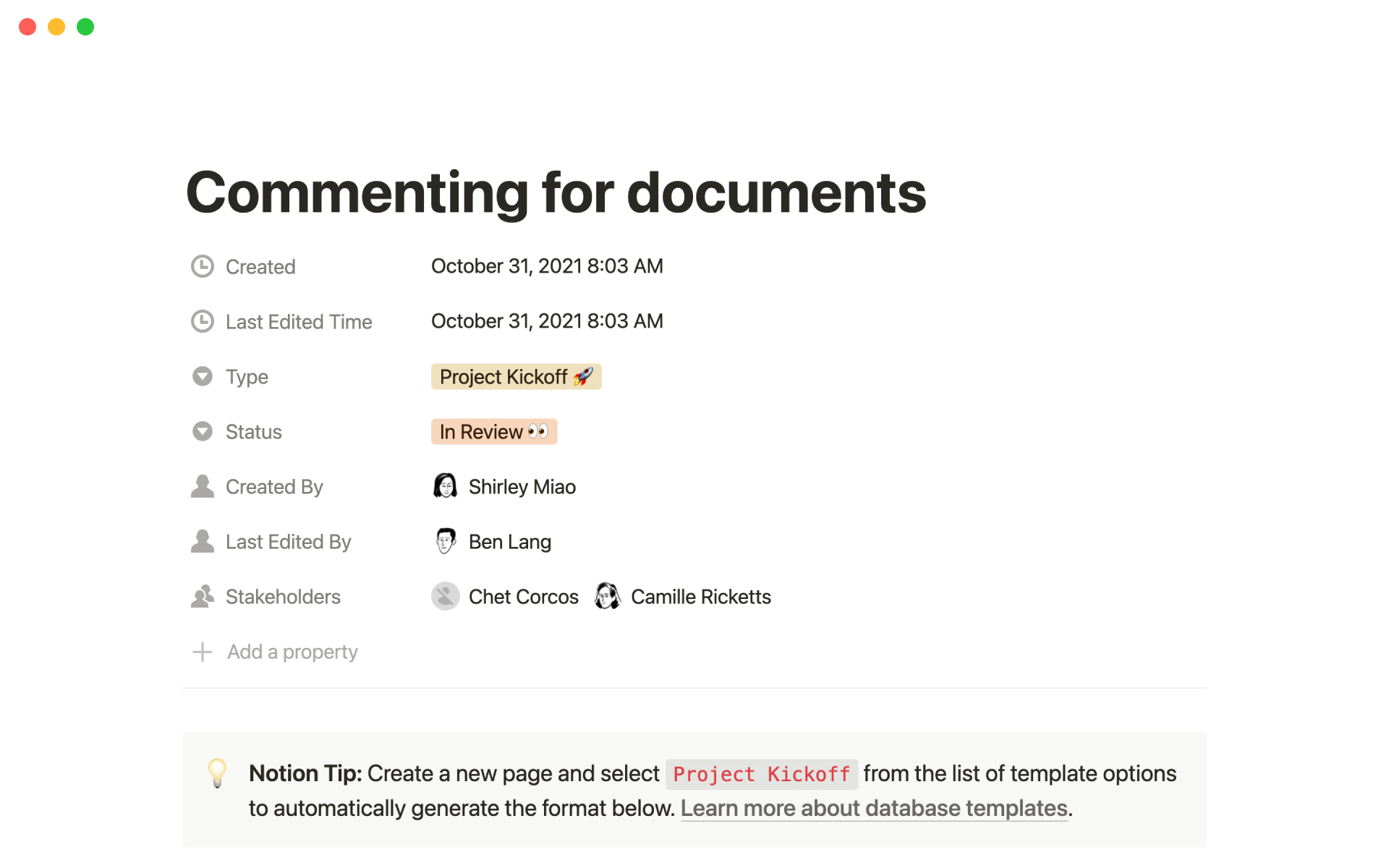 Use this template to organize documents like technical specs, architecture overviews, and project kickoff notes. 