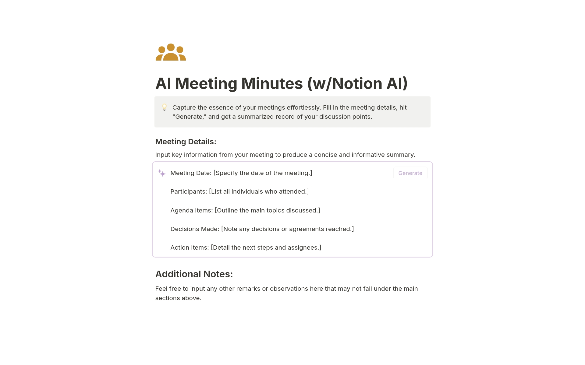 AI Meeting Minutes: Streamline your meeting follow-ups with this intuitive Notion template. Quickly convert your discussion points into a structured summary with a single click.