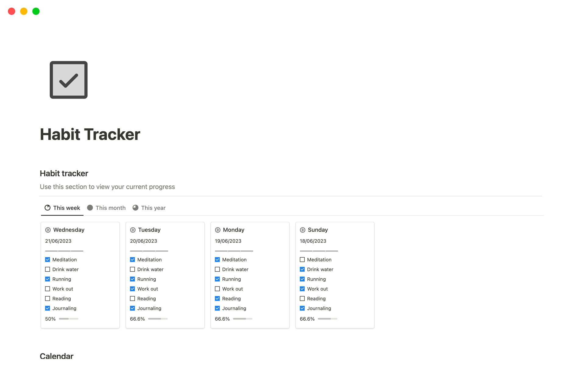 Eine Vorlagenvorschau für Notion Habit Tracker